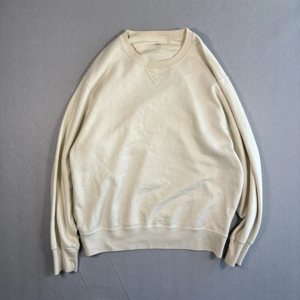 Uniqlo Sweatshirt Mens XL Cream Fleece Crewneck Pullover Solid Basic Casual